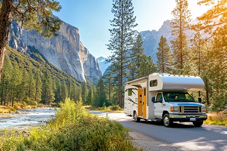 An RV on a scenic route, representing Roamly’s RV roadside assistance services.