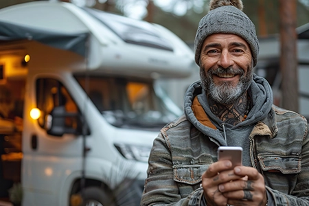 An individual using a smartphone to access RV roadside assistance services.